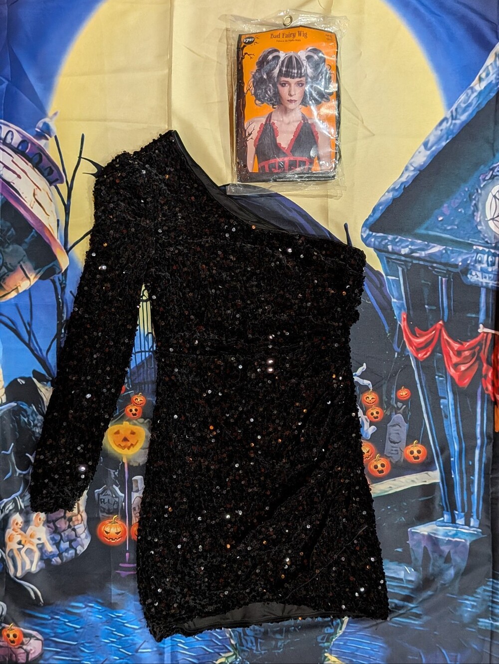 PS Glam Vampire Halloween Costume Sequin Black Dress Black Grey Wig Set Petite